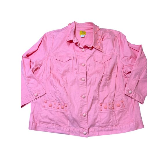 Ruby Rd. Pink Salmon Studded Denim Jacket Embellishments 3/4 Sleeves Sz 18W NWOT - Picture 1 of 5